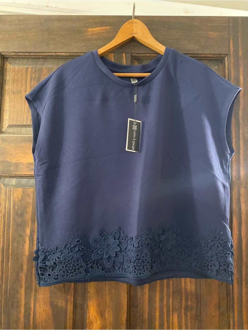 Cable and gauge Navy Crochet-Hem Cap Sleeve Tee